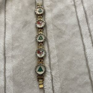Chantilly Santa & Christmas Tree Gold Tone Watch Vintage